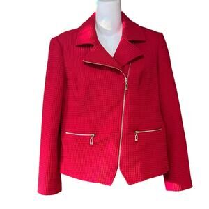 Chico's Womens 0 Petite Red Moto Style Full Zip Jacket Waffle Weave